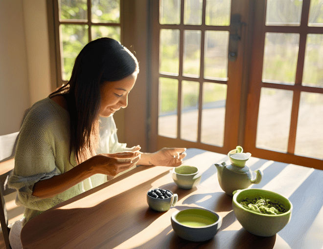 A woman sitting at a wooden table, enjoying blueberries and a cup of green tea, sunlight streaming through a nearby window, casting gentle shadows.
