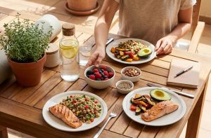 Lifestyle nutrition concept with balanced meals and wellness elements