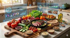 Mediterranean diet in a table featuring fresh produce