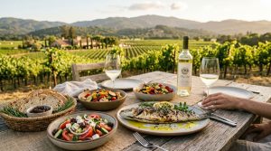 Mediterranean-style meal with olive oil, grilled fish, fresh vegetables, and herbs on a rustic table