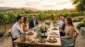 Elegant outdoor dining scene in Napa Valley vineyard, fresh farm-to-table dishes with wine glasses, golden sunset lighting, lush greenery.