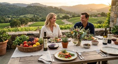 dining scene with fresh seasonal produce, olive oil, wine country landscape in background, beautifully plated healthy meal